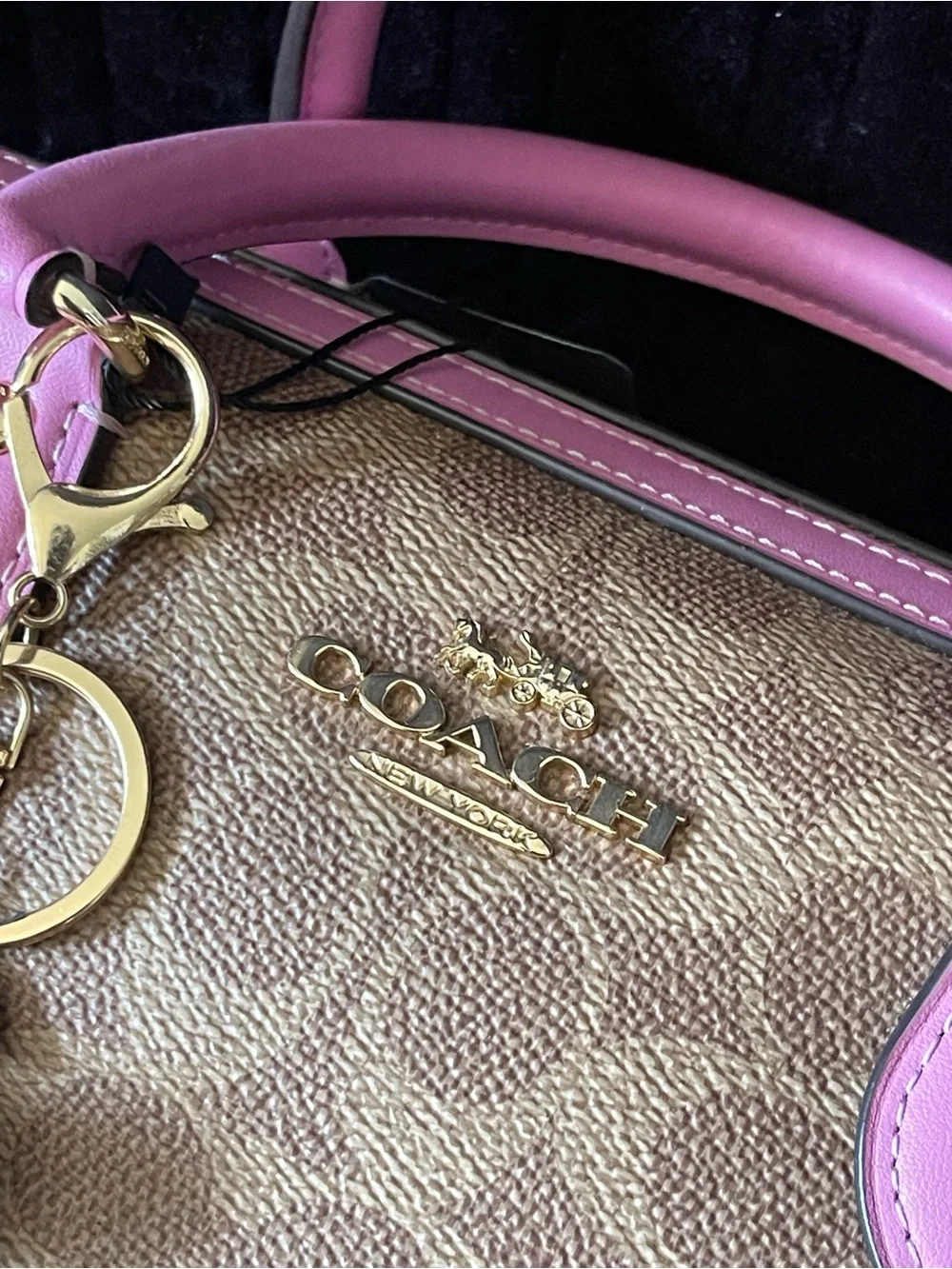 Coach Brown Signature Satchel with Pink Trim and Cherry Charm